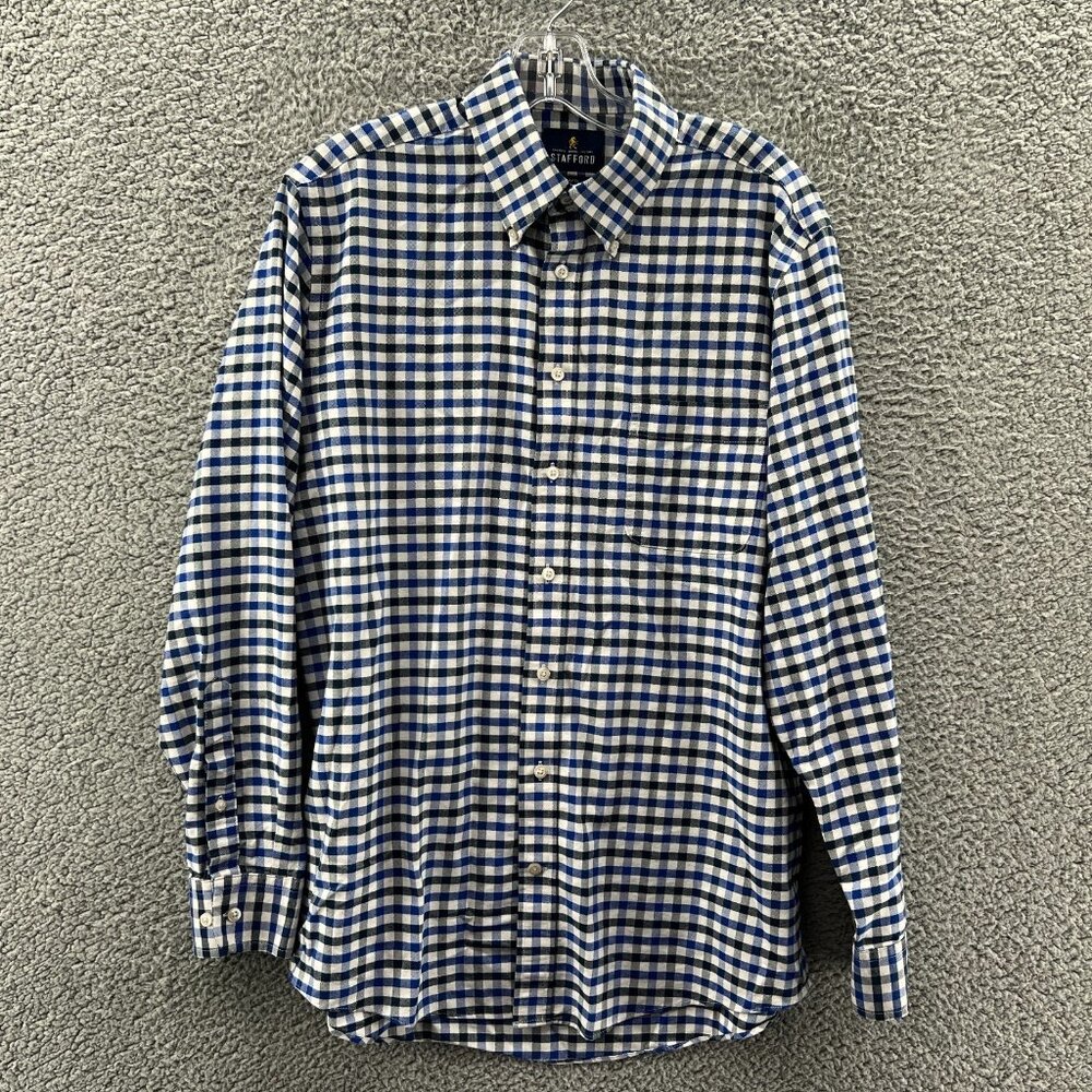 Stafford Travel Shirt Mens 16 34–35 Long Sleeve Blue Plaid Wrinkle Free Oxford